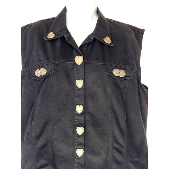 Museum Collection Black Denim Vest Womens XL Metal Heart Buttons Sleeveless Coll - Picture 10 of 10